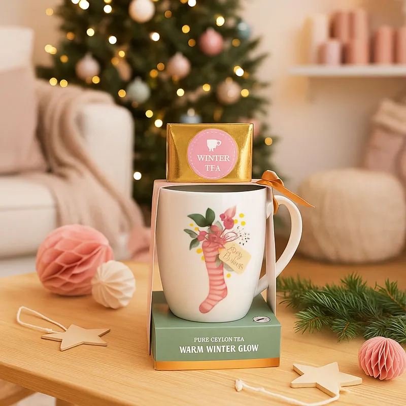 Skodelica keramična, božični motiv 10cm, + črni čaj 8g, sort.