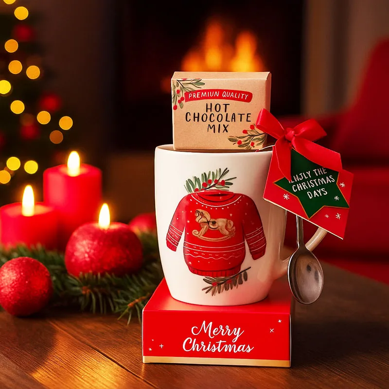 Skodelica keramična, božični motiv 10cm, z žličko + vroča čokolada 20g, sort.