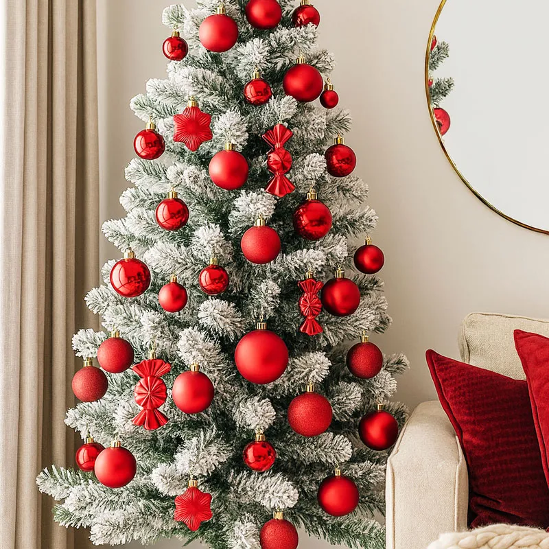 Krogle božične, rdeče, set 32/1, umetna masa, različne oblike in velikosti