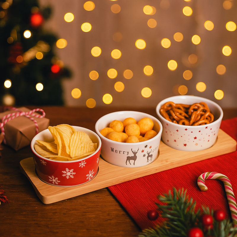 Servirni set, božični motiv, 4/1, porcelan/bambus