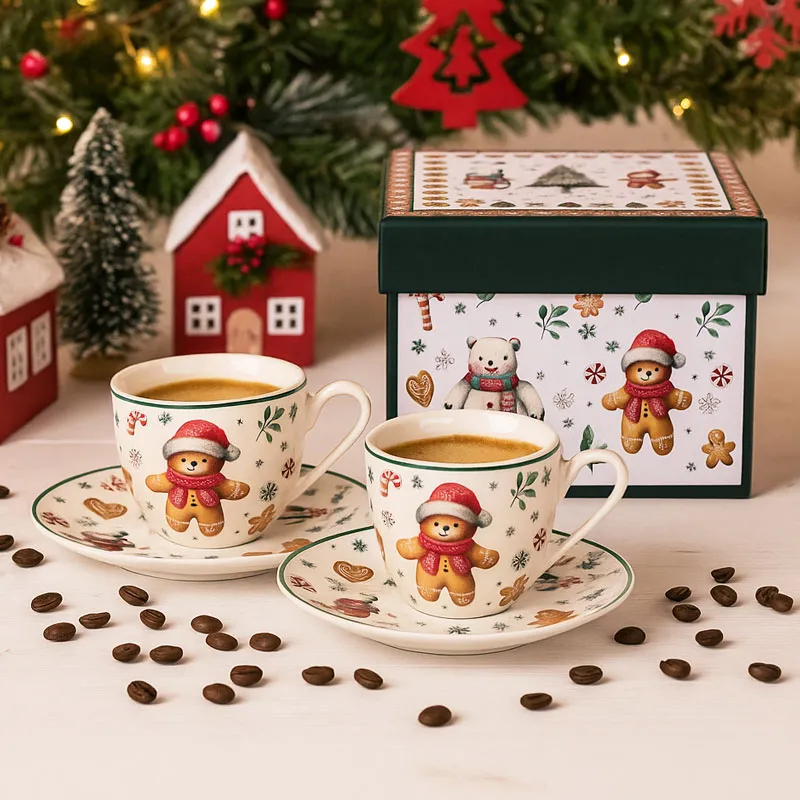 Set 2 skodelic s podstavkom božični motiv CHRISTMAS CUTIES, v darilni embalaži, 270ml, new bone, 6.5cm