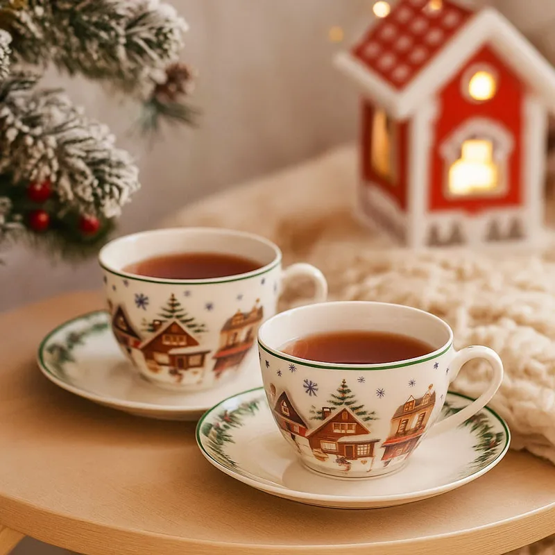 Set 2 skodelic s podstavkom božični motiv CHRISTMAS VILLAGE, v darilni embalaži, 270ml, new bone, 6.5cm