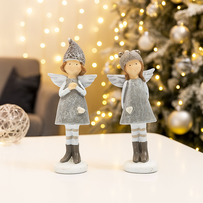 Angel, punčka s krili in zimsko kapo, stoječa, polimasa, 3.5x3.5x12.5cm, sort.