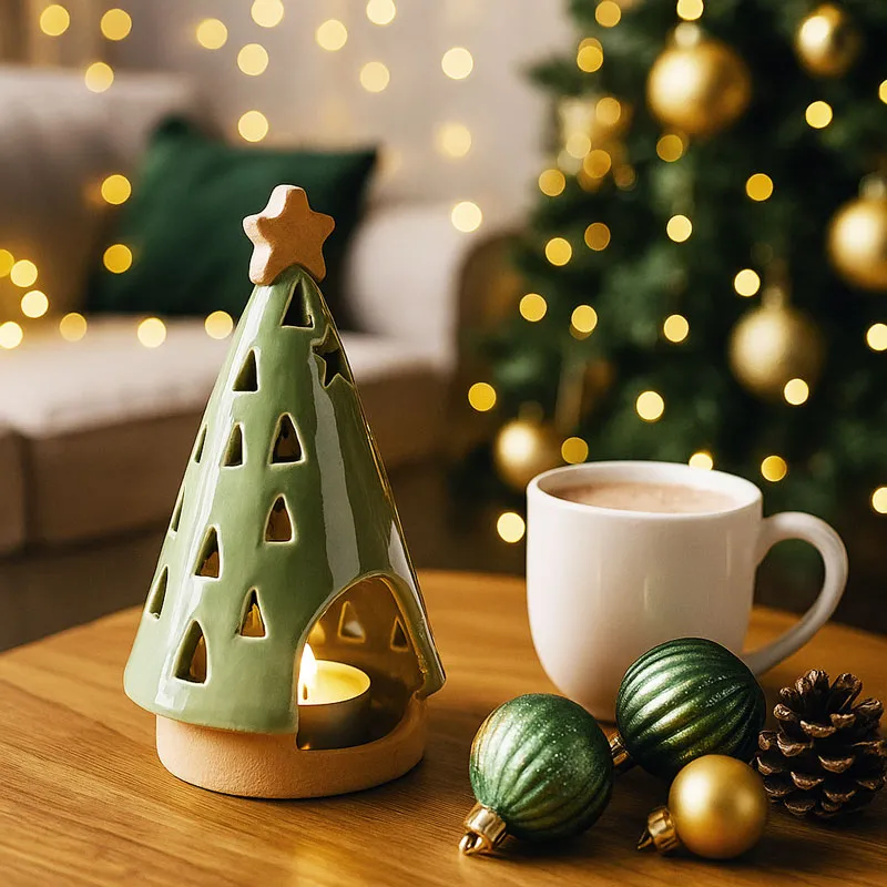 Svečnik za čajno lučko, v obliki božične smrekice, porcelan, 9x15cm, sort.