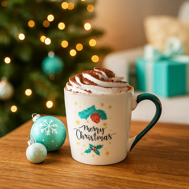 Lonček, božični, bel/bordo rdeč, porcelan, 9x9.5x7cm, sort.