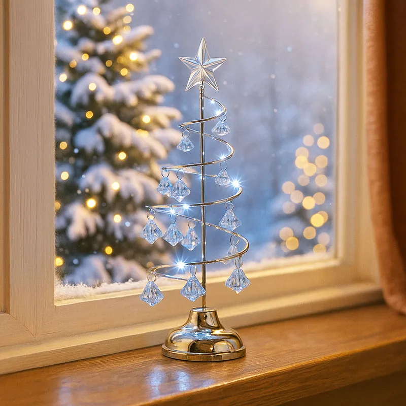 Smreka božična, z LED lučko, kovinska s plastičnimi okraski, 26x11cm