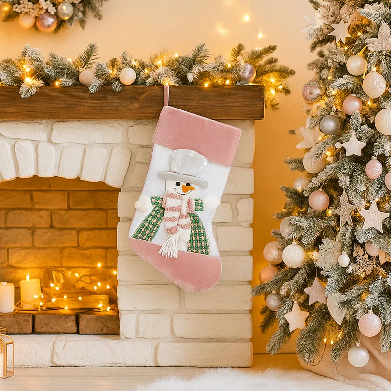 Nogavica božična, dekorirana - snežak, roza/bela, poliester, 32x45cm