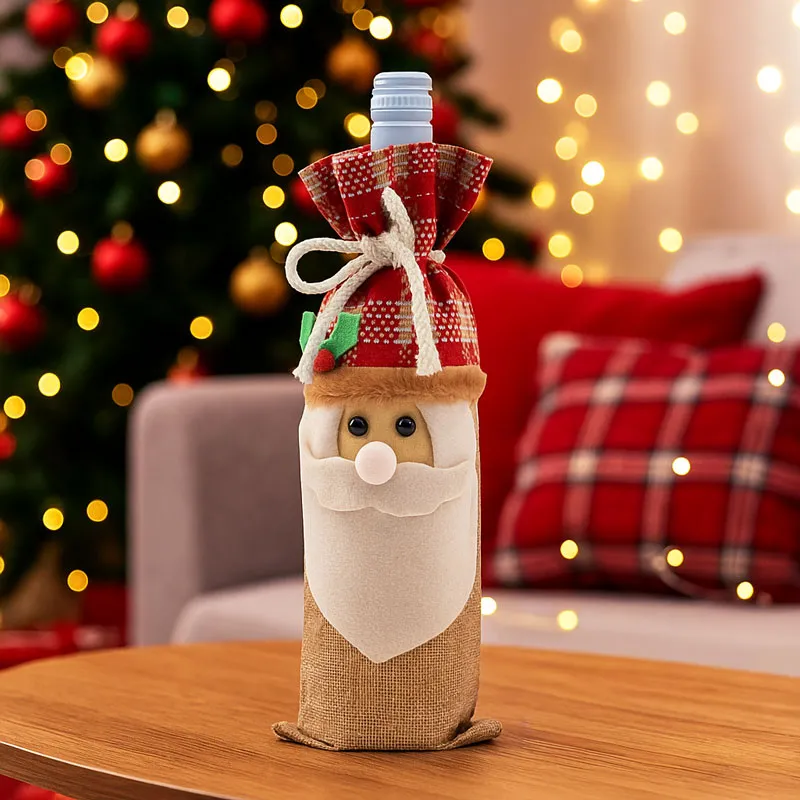 Vrečka za steklenico, božična - dekorirana - božiček, poliester/juta, 7x28cm