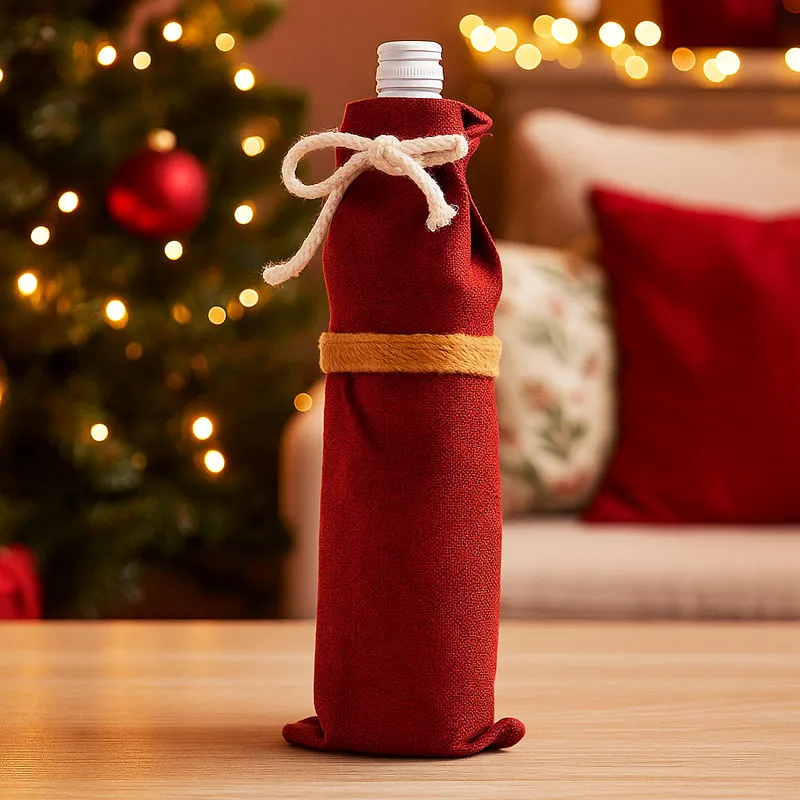 Vrečka za steklenico, božična, rdeča, juta, 7x28cm