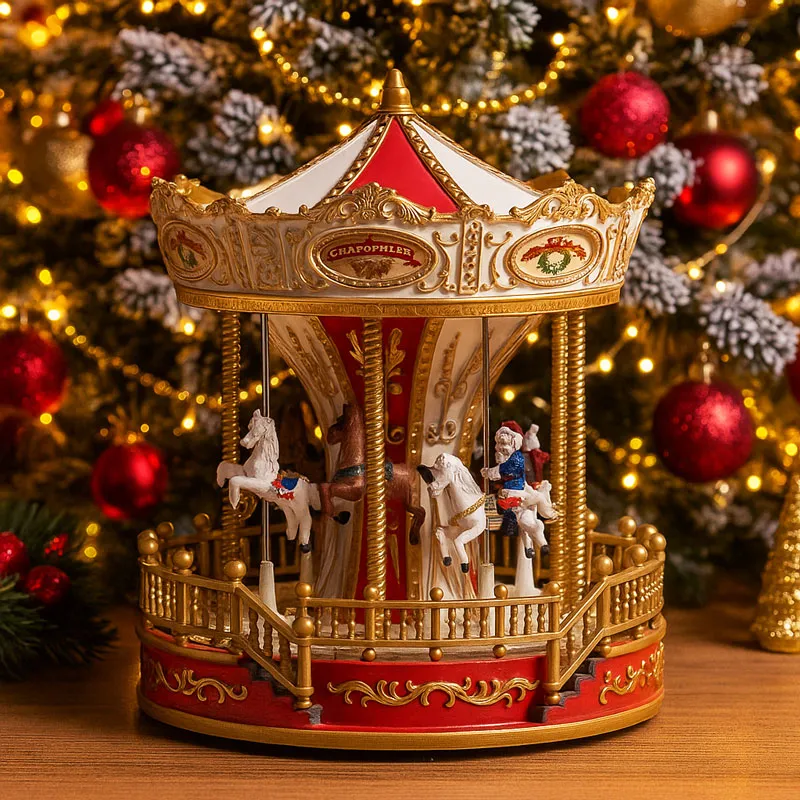 Vrtiljak božični, z LED lučkami in glasbo, polimasa, na baterije/USB, 23x23x23cm