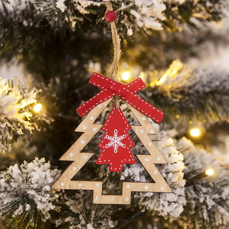 Obesek božični, smrekica, natur/rdeča, s pentljo, MDF,9-10cm