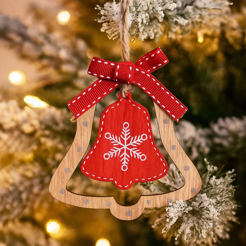 Obesek božični, zvonček, natur/rdeč, s pentljo, MDF, 9-10cm