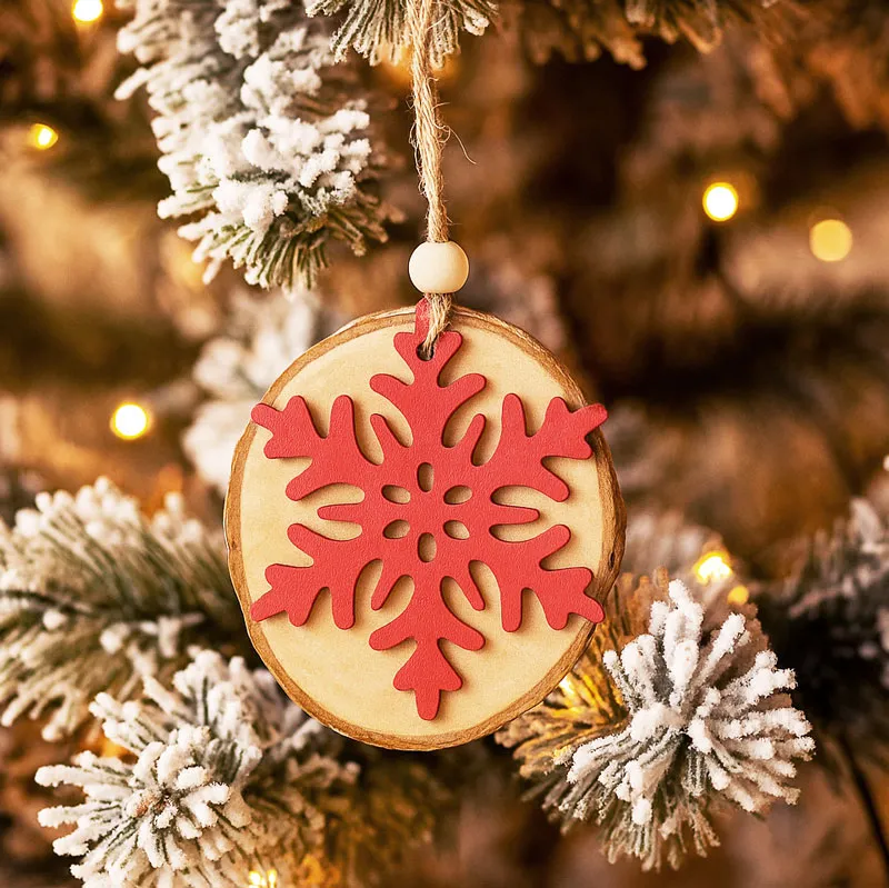 Obesek božični, lesen krog, snežinka rdeča, MDF, 8-9cm