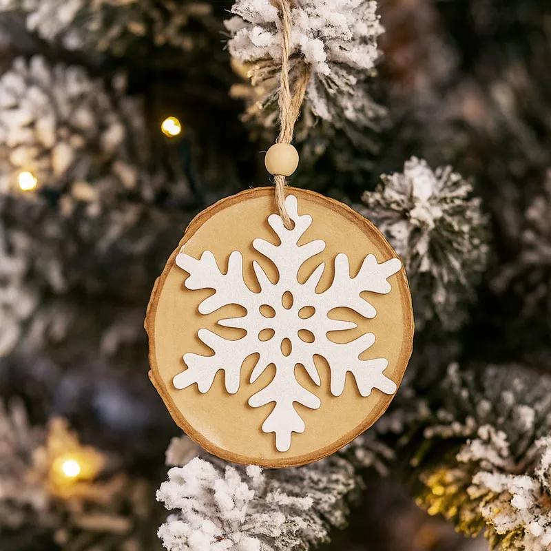 Obesek božični, lesen krog, snežinka, bela, MDF, 8-9cm