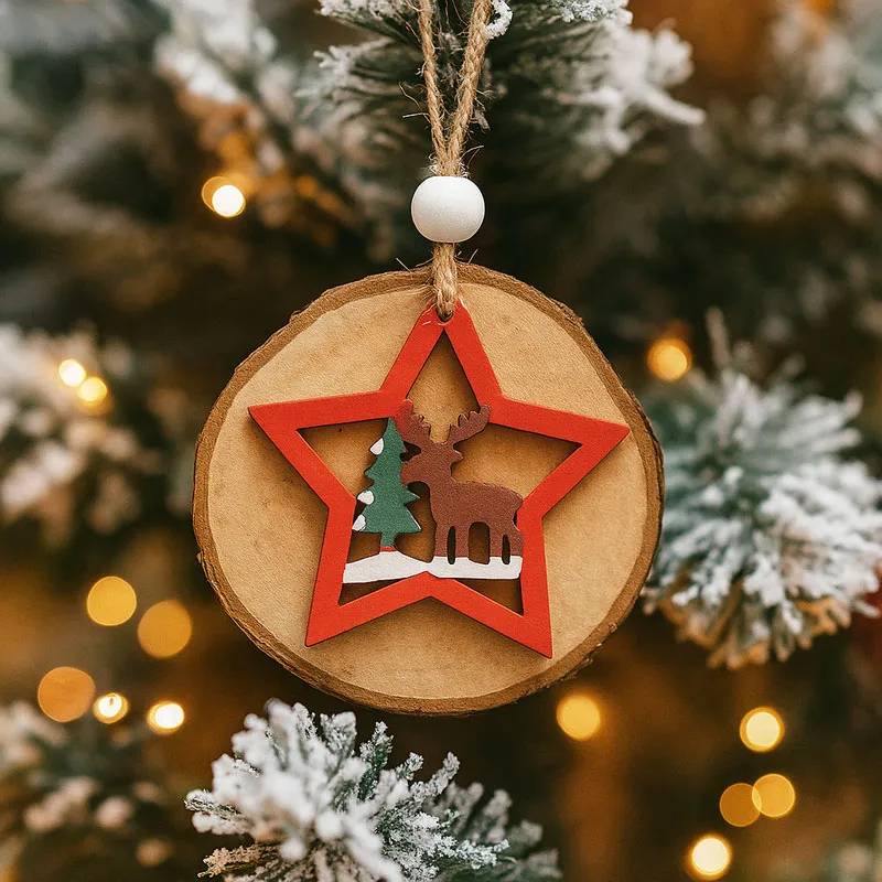 Obesek božični, lesen krog, zvezdica, pisana, MDF, 7.5cm