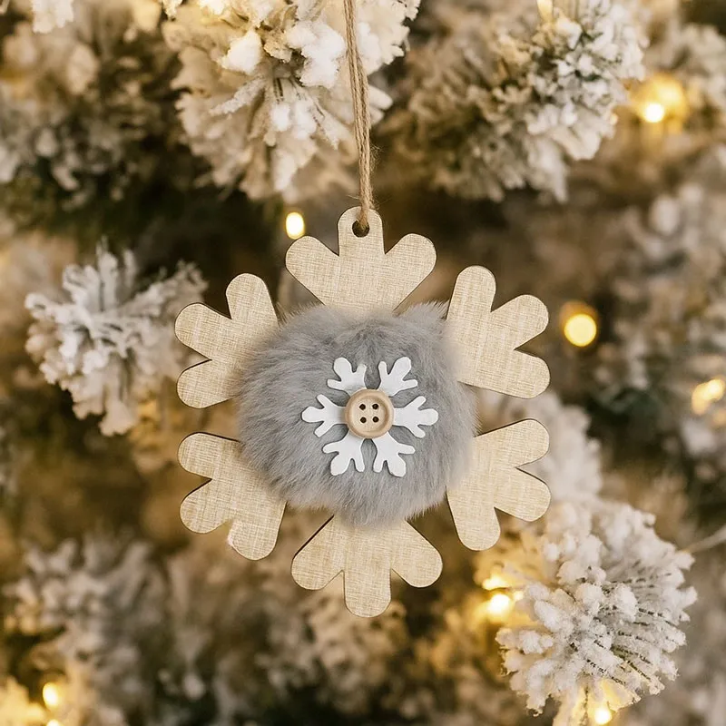 Obesek božični, snežinka s krznom, siva, MDF, 9-10cm