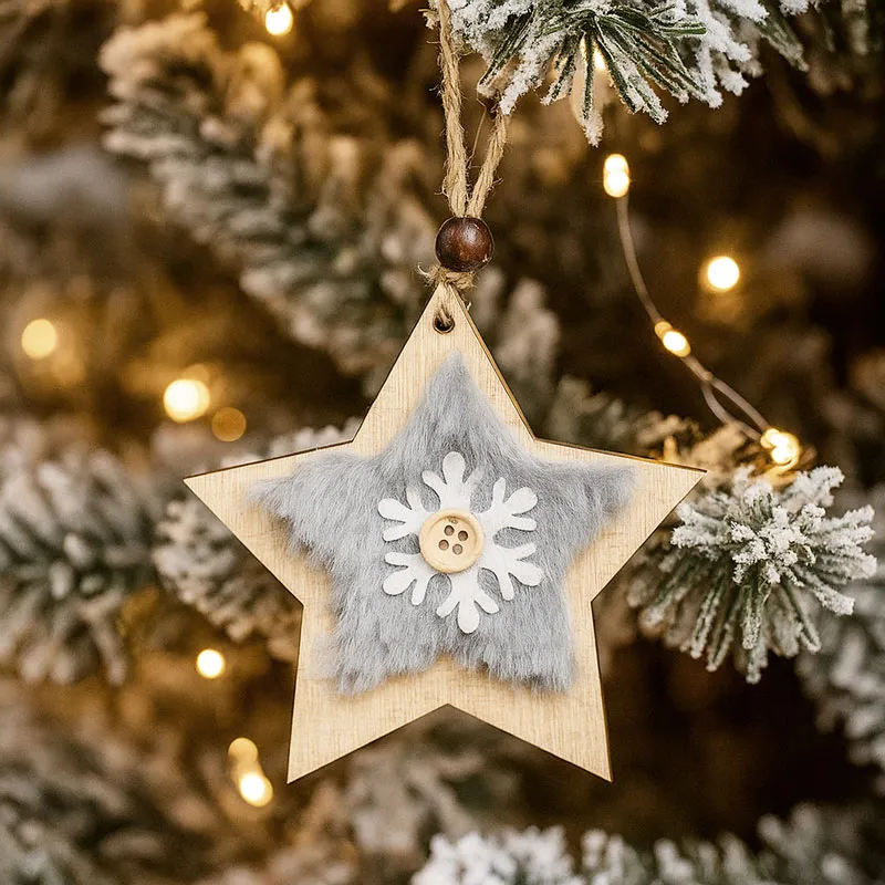 Obesek božični, zvezdica s krznom, siva, MDF, 9-10cm
