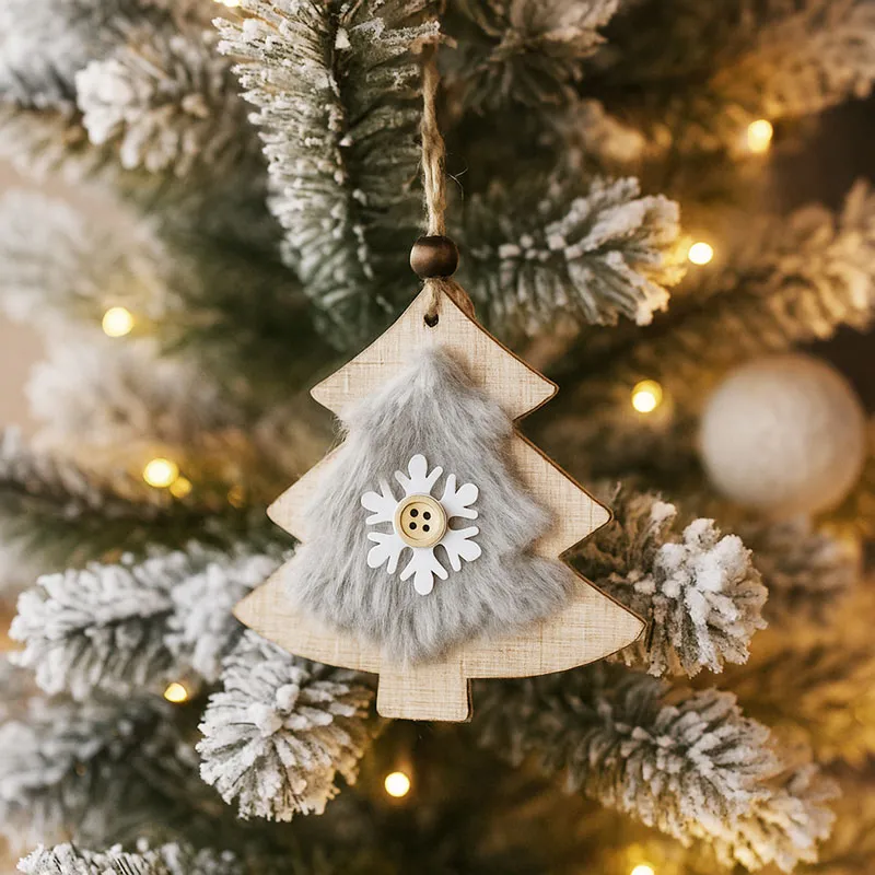 Obesek božični, smrekica s krznom, siva, MDF, 9-10cm