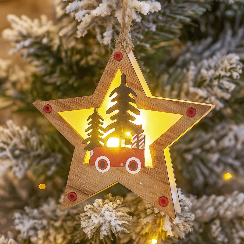 Obesek lesen, zvezda, z LED lučko, božični motiv, 16cm, sort.