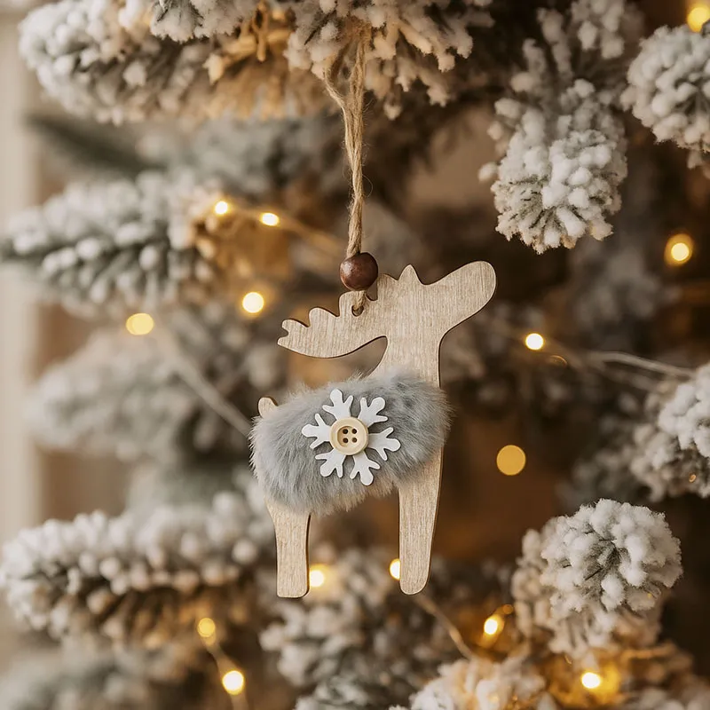 Obesek božični, jelenček s krznom, siv, MDF, 9-10cm