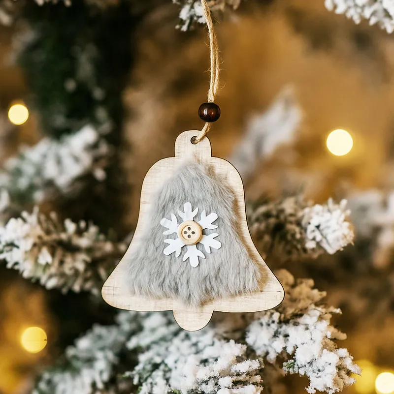 Obesek božični, zvonček s krznom, siv, MDF, 9-10cm