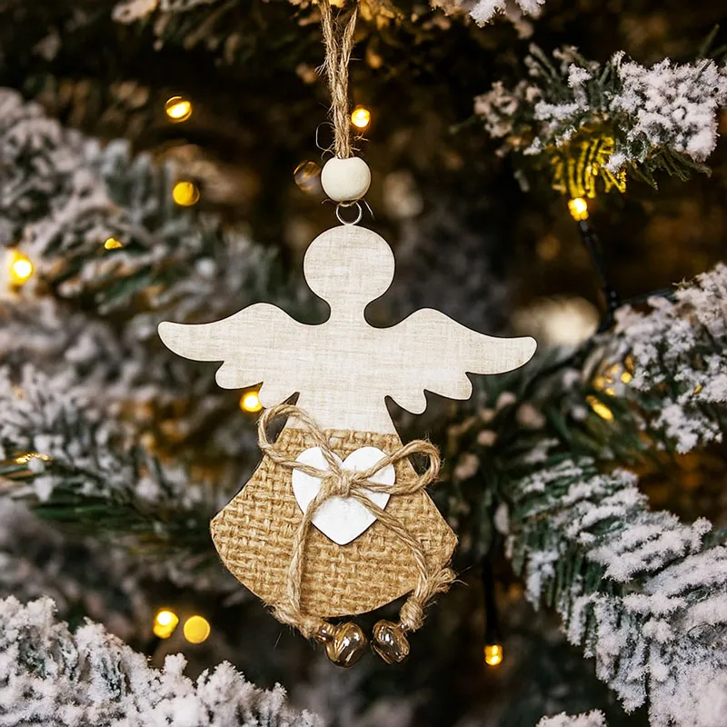 Obesek božični, angelček, natur, z juto in kraguljčki, MDF, 9-10cm