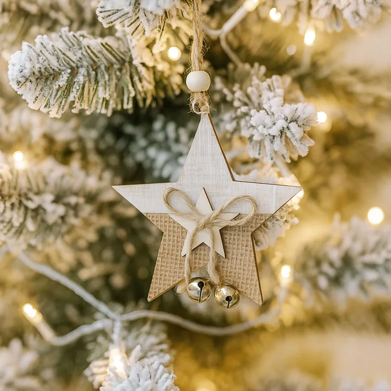 Obesek božični, zvezdica, natur, z juto in kraguljčki, MDF, 9-10cm