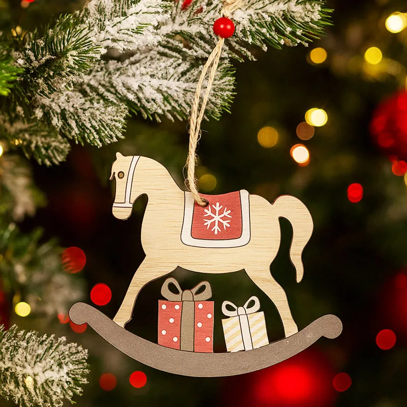 Obesek božični, gugalni konjiček, natur/rdeč, MDF,12x10cm