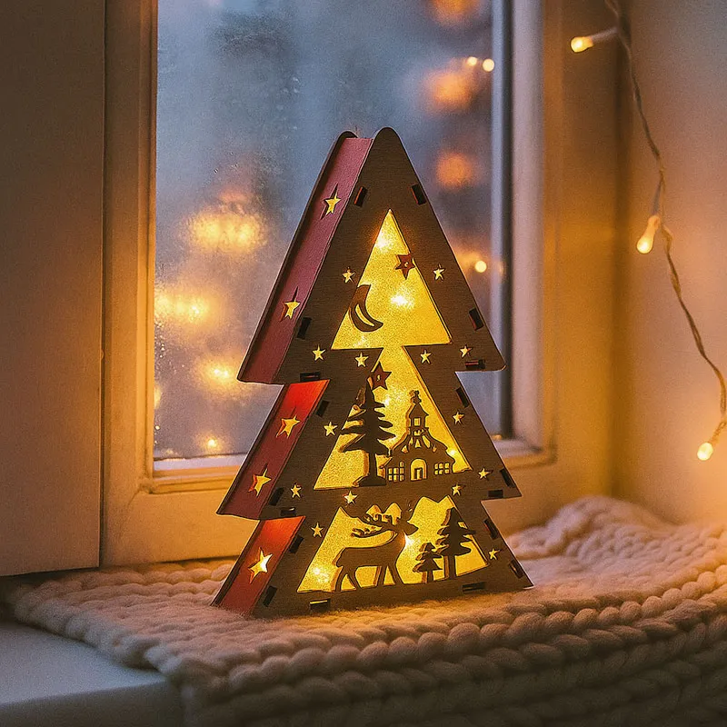 Smrekica, božična dekoracija, z LED lučko, rdeča/pisana, MDF, 20x14x3cm