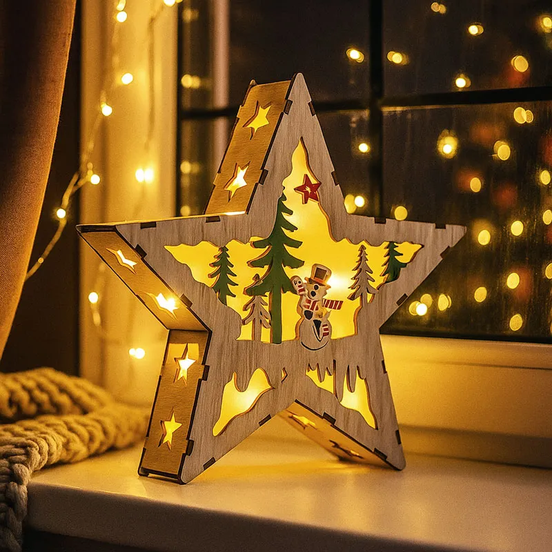 Zvezda, božična dekoracija, z LED lučko, bela/pisana, MDF, 21x4cm