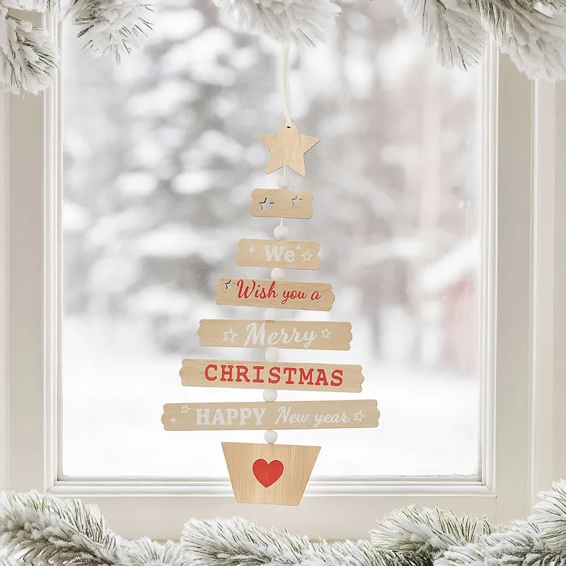 Obesek božični, smrekica zložena, z napisi, natur, MDF, 20x12cm