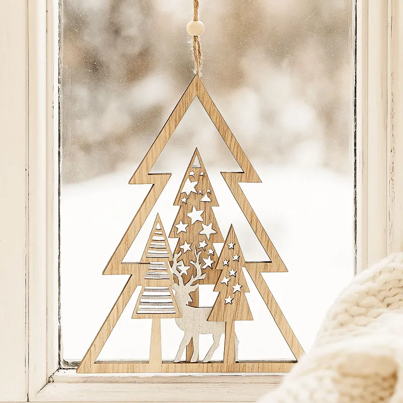 Obesek božični, smrekica z jelenčkom, natur, MDF, 20cm