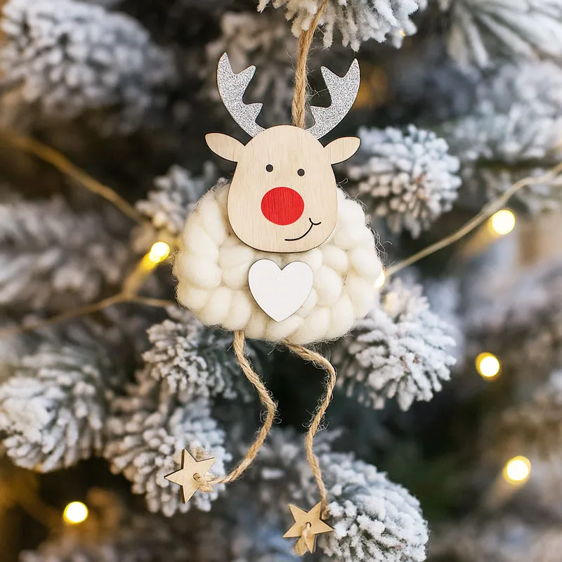 Obesek božični, jelenček Rudolf, natur z belo volno, MDF, 8.5cm
