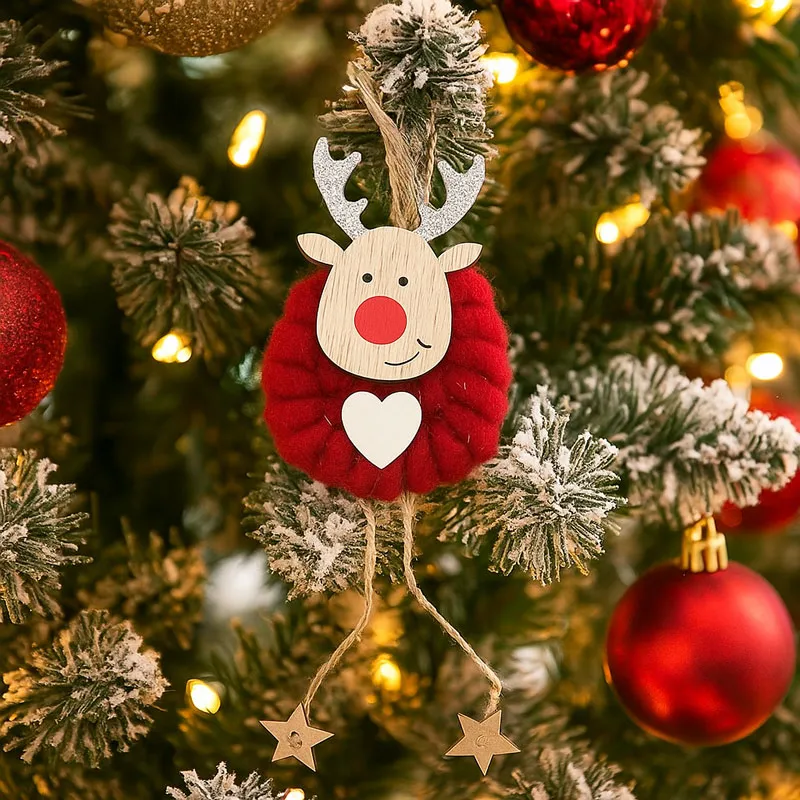 Obesek božični, jelenček Rudolf, natur z rdečo volno, MDF, 8.5cm