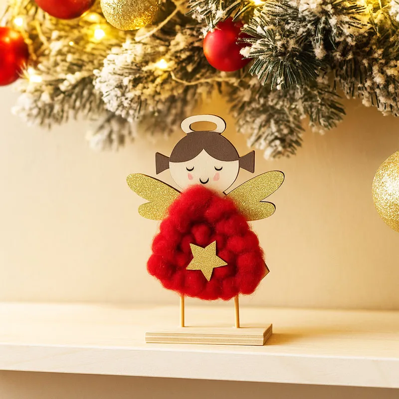 Punčka, angelček s krili, natur z rdečo volno, MDF, 16cm, sort.