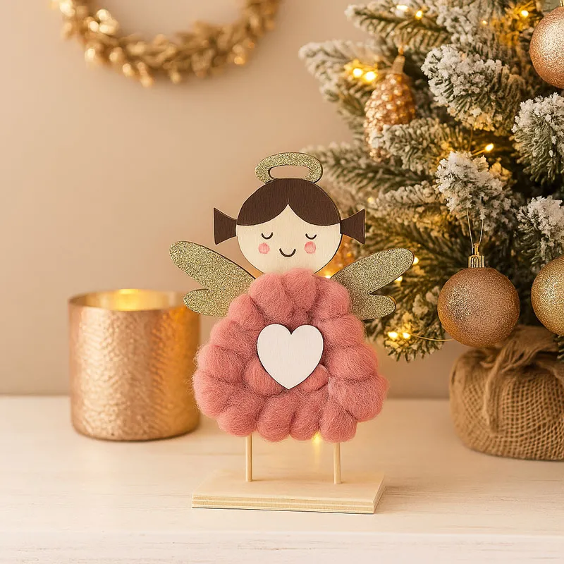 Punčka, angelček s krili, natur z roza volno, MDF, 16cm