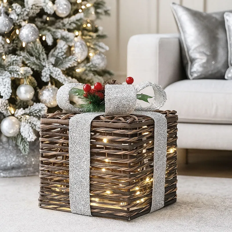 Dekoracija božična z led lučkami, v obliki darila, rjav ratan s srebrno pentljo, za notranjo uporabo, 30 LED, 8 funkcij, 20cm