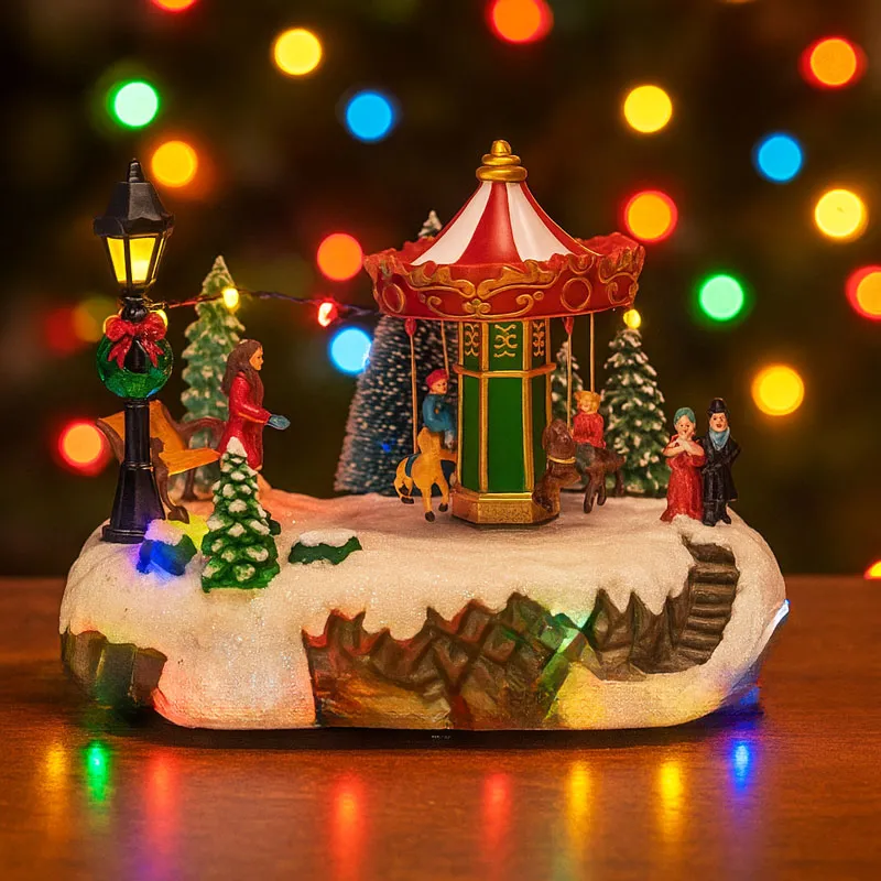 Vrtiljak božični, z LED lučko, ter glasbo, polimasa, na baterije/USB, 20.3x16.5x16cm