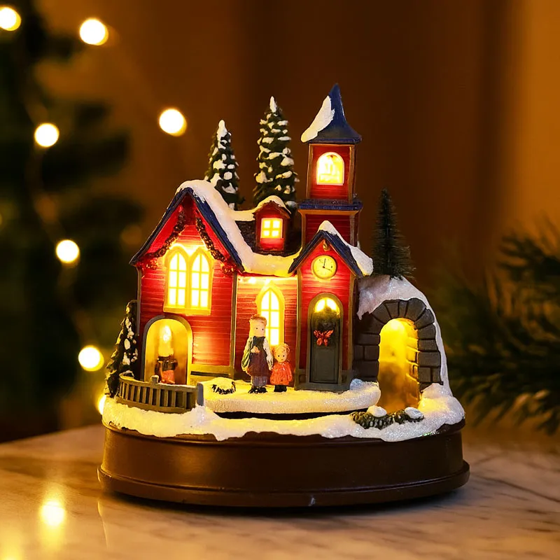 Cerkev z vlakom, božična dekoracija, z LED lučko in glasbo, polimasa, na baterije/USB, 18.2x18.2x20cm