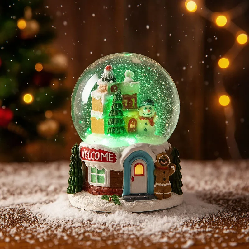 Snežna krogla, zasnežena hišica iz sladkarij, z LED lučko, ter glasbo, polimasa, 9x9x12cm, sort.