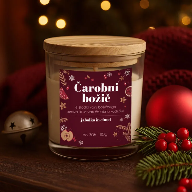 Sveča dišeča v steklenem kozarcu z bambusovim pokrovom, Čarobni božič, vonj: jabolko in cimet, 8cm