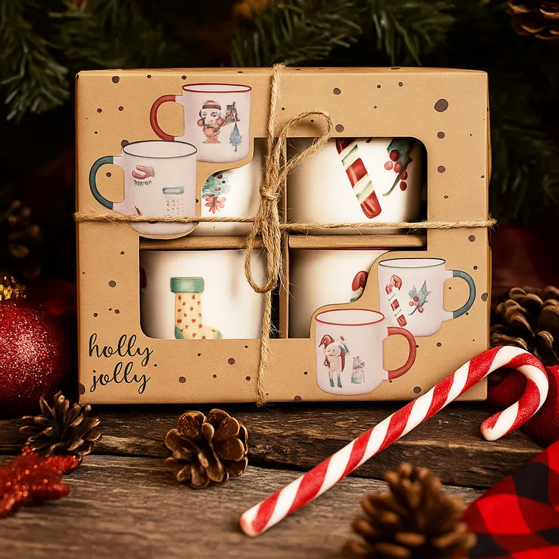 Set skodelic, božični motiv, porcelan, 4/1, 9cm, v darilni embalaži