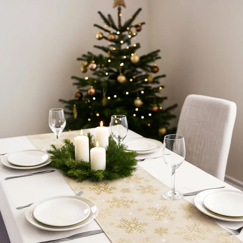 Blago na roli, božični motiv, bež s snežinkami, 100% poliester, 28x250cm