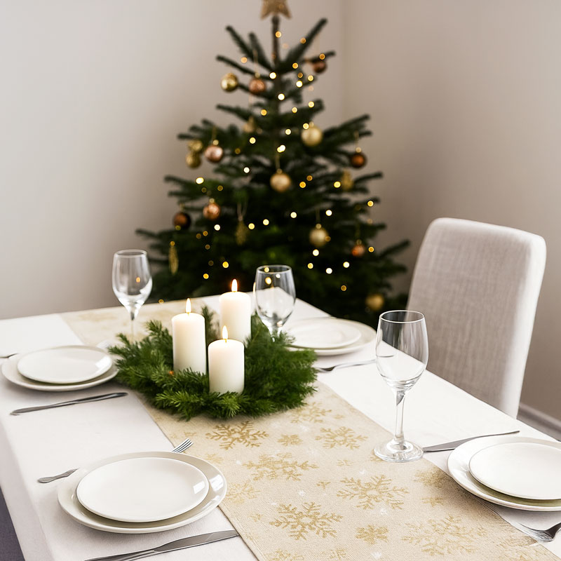 Blago na roli, božični motiv, bež s snežinkami, 100% poliester, 28x250cm