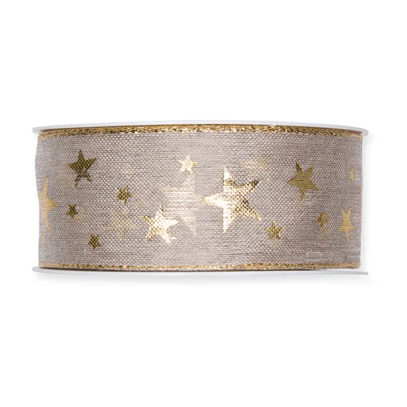 Trak aranžerski, lanen, božični, bež  z zlatimi zvezdami, 4cmx15m