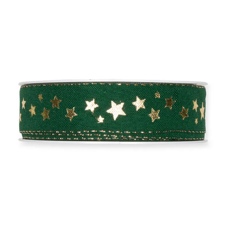 Trak aranžerski, lanen, božični, zelen  z zlatimi zvezdami, 2.5cmx18m