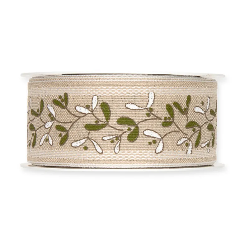 Trak aranžerski, lanen, božični, bež z zeleno-belim potiskom, 4cmx12m