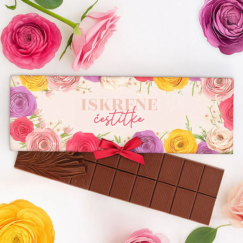 Čokolada, ISKRENE ČESTITKE, barvne vrtnice, mlečna čokolada, 100 g