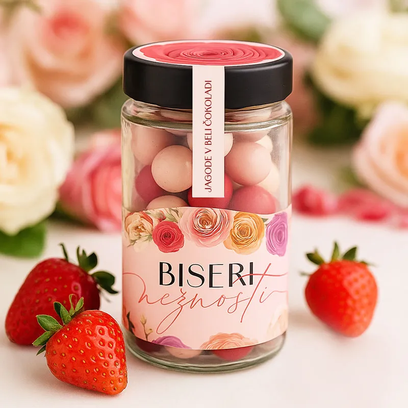 Dražeji v steklenički, BISERI NEŽNOSTI, jagode v beli čokoladi, 125 g