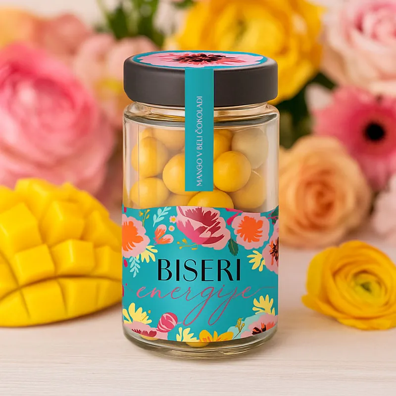 Dražeji v steklenički, BISERI ENERGIJE, mango v beli čokoladi, 125 g